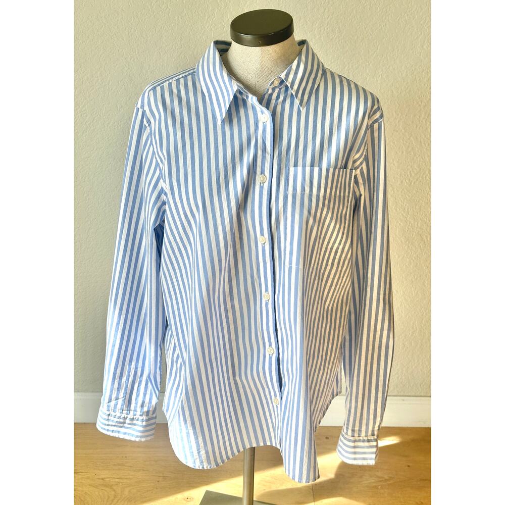 LL Bean Blue White Striped Button Down Shirt Cotton Stretch Preppy Large